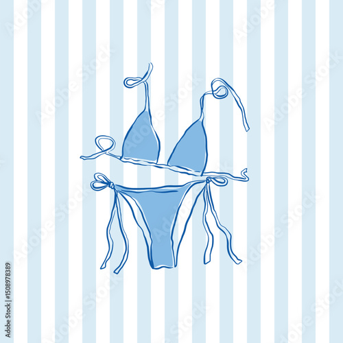 Hand drawn blue bikini vector, triangle bikini top and tie side bikini bottom vector