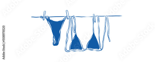 Hand drawn navy bikini hanging vector, bikini silhouette
