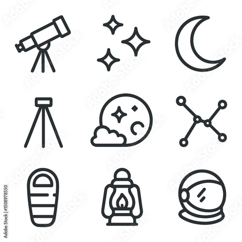 Stargazing Icon Set. Outline icon set of stargazing reflection: telescope, star cluster, crescent moon, tripod, night sky,