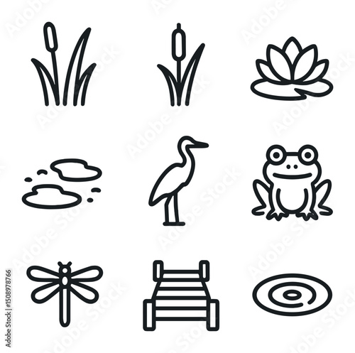 Wetlands Icons Set. Outline icon set of lowland wetlands: marsh reed, cattail stalk, water lily, mudflat, heron silhouette, frog,