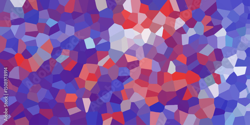 Abstract geometric mosaic pattern composed of various polygon shapes featuring a color palette of reds purples and blues ideal for unique backgrounds