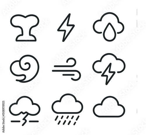 Storm Icon Set. Outline icon set of storm clouds at dusk: dark anvil cloud, lightning bolt, heavy raindrop, ominous swirl, wind