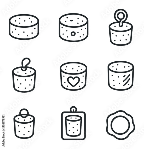 Wine Cork Icon Set. Outline icon set of wine cork charm collections: cork slice, drill hole, eye screw, twine loop, heart stamp,