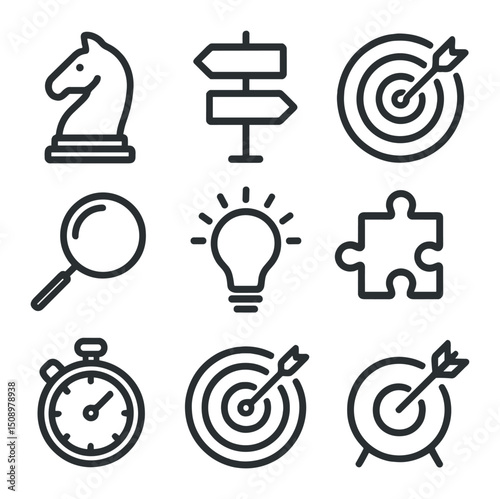 Strategic Icon Set. Outline icon set of strategic decision making on the edge: chess knight, crossroads sign, dartboard, weighing