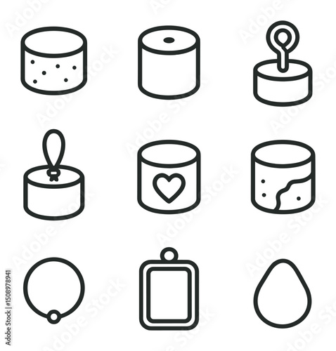 Wine Cork Icon Set. Outline icon set of wine cork charm collections: cork slice, drill hole, eye screw, twine loop, heart stamp,
