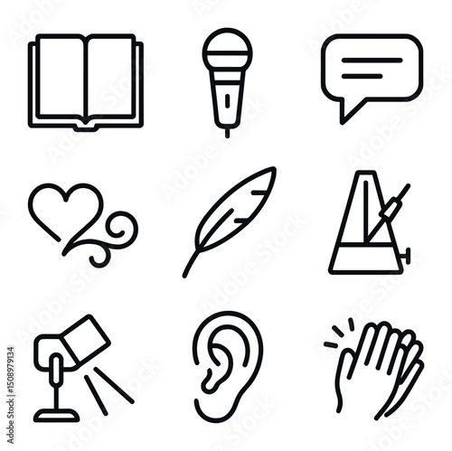Street Poetry Icons. Outline icon set of street poetry and spoken word: open notebook, microphone, speech bubble, heart flourish,