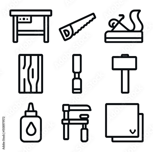 Woodworking Tools Icons. Outline icon set of woodworking projects: workbench, hand saw, plane, wood plank, chisel, mallet, wood