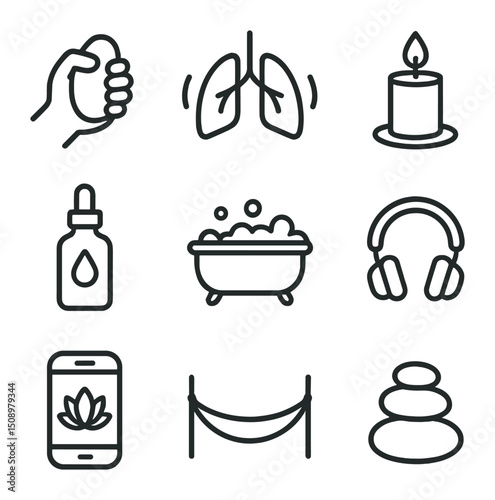 Stress Relief Icons. Outline icon set of stress management activities: stress ball, breathing lungs, candle, essential oil bottle,