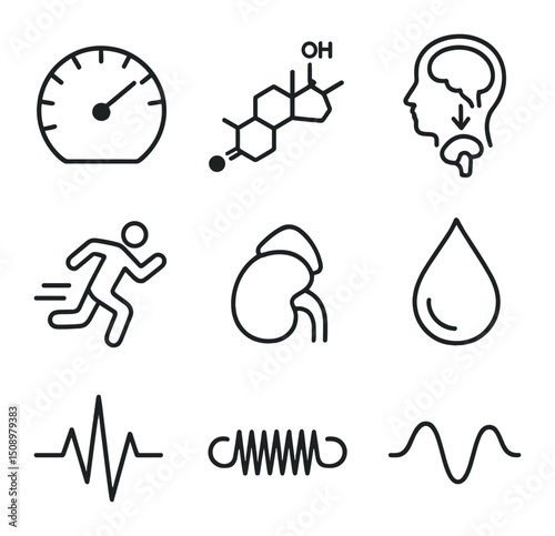 Stress Response Icons. Outline icon set of stress and cortisol response: stress gauge, cortisol molecule, HPA axis diagram,