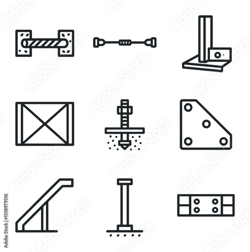 Structural Reinforcement Icons. Outline icon set of structural reinforcement techniques: carbon rod, tension cable, steel bracket,