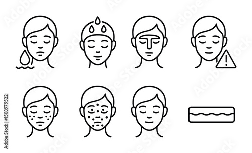 Facial skincare routine and skin concerns icons for beauty guides