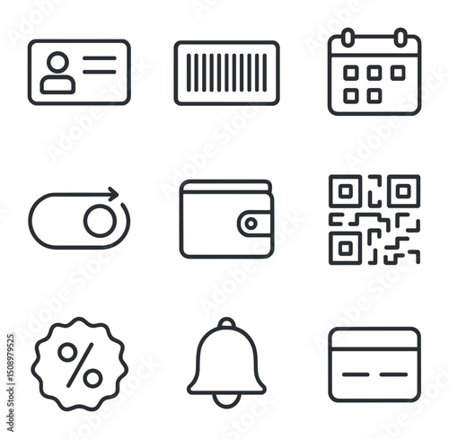 Subscription Icons Grid. Outline icon set of subscription and pass management: pass card, barcode, calendar month, auto-renew