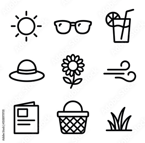 Sunny Afternoon Icons. Outline icon set of sunny afternoon hammock: sun icon, sunglasses, lemonade glass, straw hat, sunflower,
