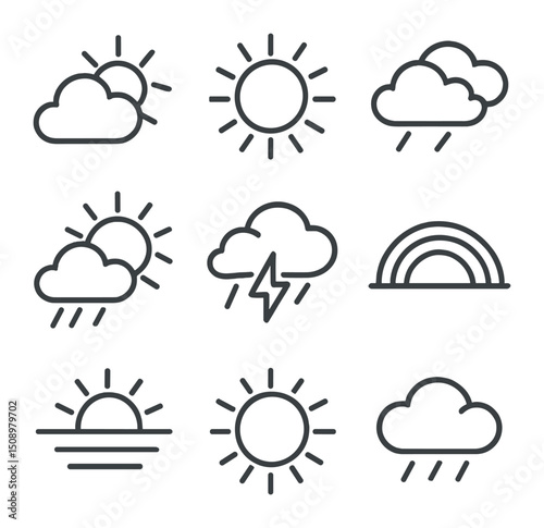 Sunray Weather Icons. Outline icon set of sunray weather symbols: sun and cloud, partial sunburst, sun behind clouds, rain with