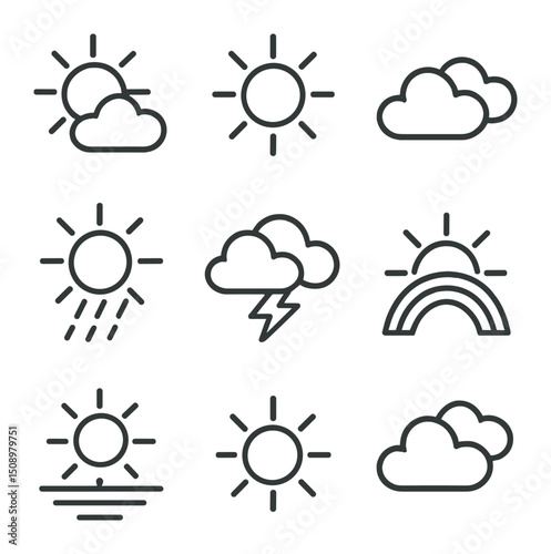 Sunray Weather Icons. Outline icon set of sunray weather symbols: sun and cloud, partial sunburst, sun behind clouds, rain with