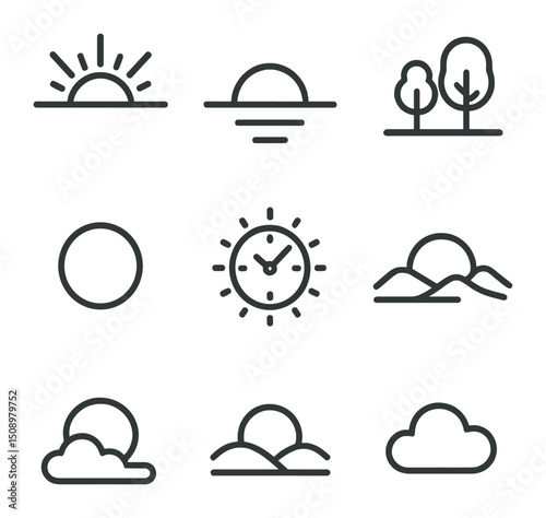 Sunrise & Sunset Icons. Outline icon set of sunrise & sunset captures: dawn light rays, dusk color gradient, horizon line,