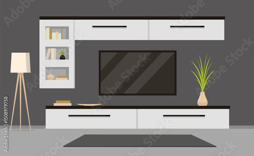Living room interior in flat style. Moder interior of the living with furniture. Vector stock