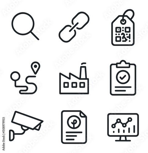 Supply Chain Icons. Outline icon set of supply chain transparency: magnifying glass, blockchain link, QR code tag, map route,
