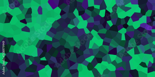 Abstract geometrical mosaic pattern featuring various shades of green and deep purple creating a visually appealing and artistic design ideal for backgrounds