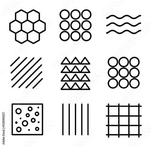 3D Surface Pattern Icons. Outline icon set of 3D surface patterns: honeycomb cells, bubble cushion, wave mesh, ridged surface,