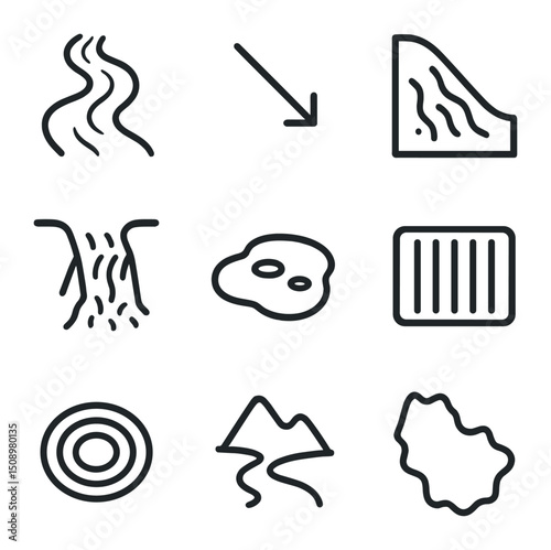 Surface Runoff Icons. Outline icon set of surface runoff: river stream, flow arrow, slope line, soil erosion icon, drainage ditch,