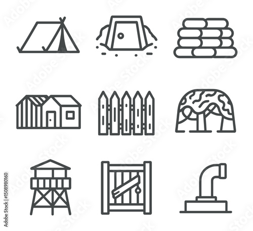 Survival Shelter Icons. Outline icon set of survival shelter designs: makeshift tent, underground bunker entrance, sandbag wall,