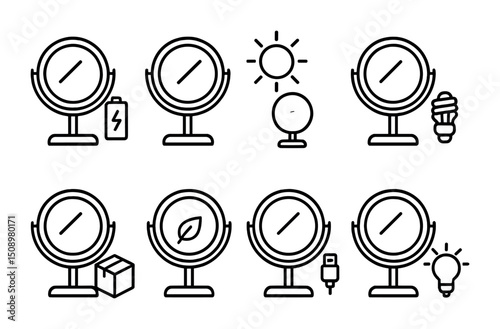 Collection of makeup mirror icons with various features and accessories