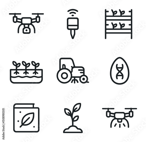 Sustainable Agriculture Icons. Outline icon set of sustainable agriculture technologies: precision drone, soil sensor, vertical