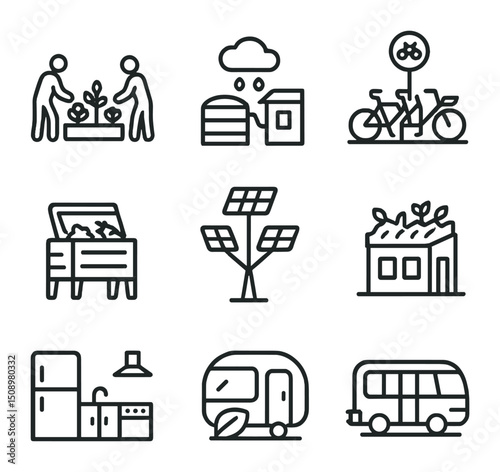 Sustainable Community Icons. Outline icon set of sustainable utopian community: communal garden, rainwater collector, bike share
