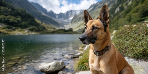 Watchful canine sentinel at serene alpine lake