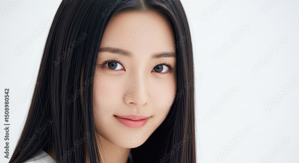 Obraz premium Portrait of a young Asian woman with black braided hair looking towards the camera on a white background with soft lighting.
