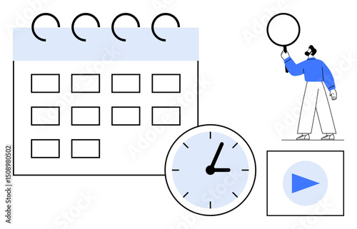 Calendar grid, clock, and man holding a speech bubble with play button icon. Ideal for schedule planning, time management, productivity, business strategy, meetings, learning simple landing page