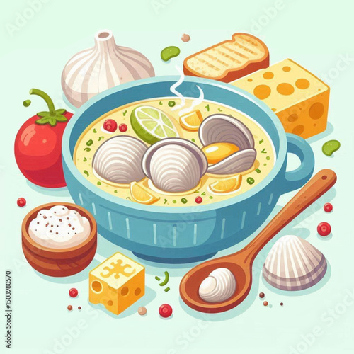 Chowder in a blue bowl with tomato garlic cheese and bread plus a wooden spoon and small dishes