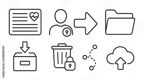 Secure data transfer and management icons for digital solutions