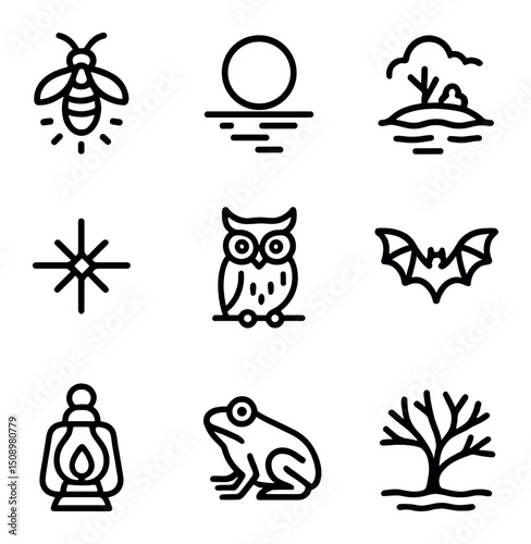 Swamp Night Icons. Outline icon set of swamp night scene: glowing firefly, full moon reflection, misty silhouette, star dot,