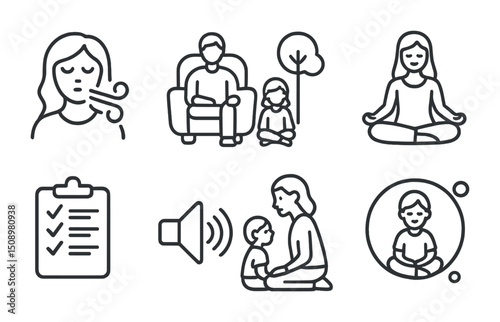 Mindfulness and meditation line icons for mental health and relaxation