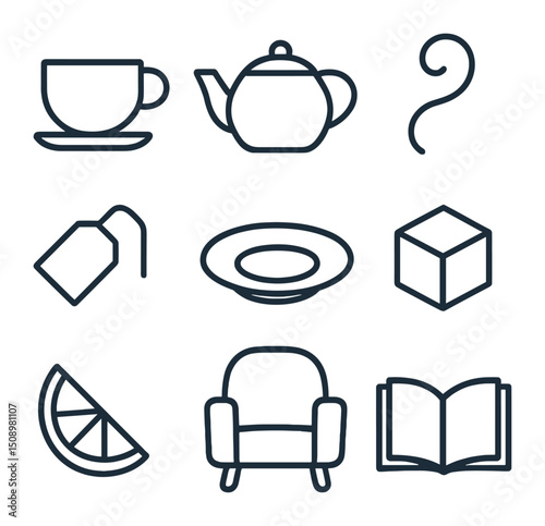 Tea and Cozy Moments. Outline icon set of tea and hug moments: tea cup, teapot, steam swirl, tea bag tag, saucer, sugar cube,