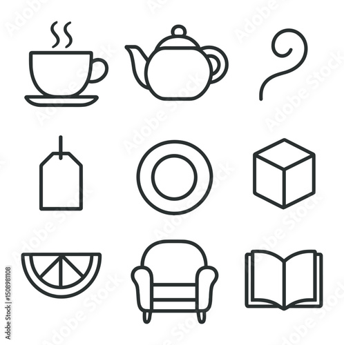 Tea and Cozy Moments. Outline icon set of tea and hug moments: tea cup, teapot, steam swirl, tea bag tag, saucer, sugar cube,