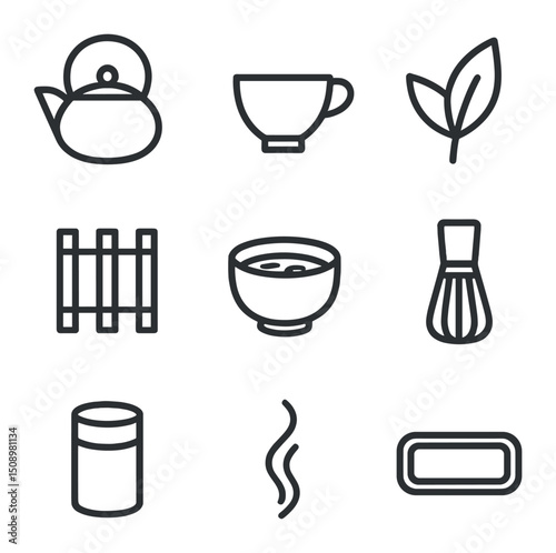 Tea Ceremony Icons. Outline icon set of tea ceremony reflection: teapot, teacup, tea leaf, bamboo mat, matcha bowl, whisk, tea