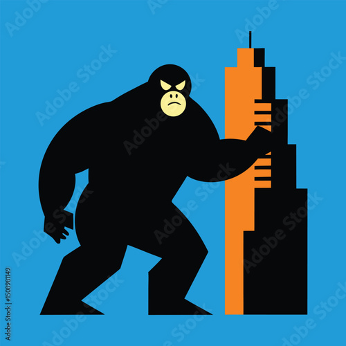 silhouette of a King Kong on building. Strong big gorilla keeps