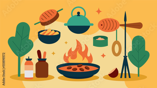 A display of traditional cooking ods such as roasting meats over an open fire and using comals to make tortillas.. Vector illustration