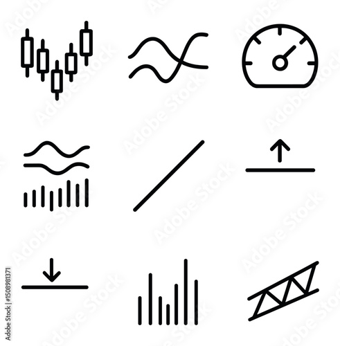 Technical Analysis Icons. Outline icon set of technical analysis: candlestick chart, moving average line, RSI gauge, MACD