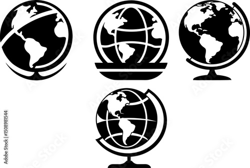 Collection of four globe illustrations in black and white  vector, silhouette, illustration, horizontal, isolated assets, on transparent background