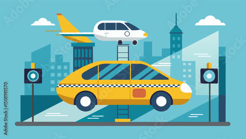 A hightech diagnostic machine scans an air taxis exterior detecting even the tiniest imperfections and alerting the technicians of any necessary repairs.. Vector illustration