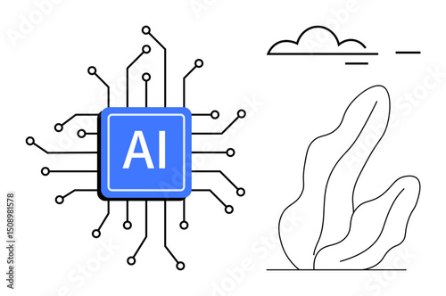 Blue AI processor linked with circuit lines beside abstract natural elements and clouds. Ideal for technology, innovation, machine learning, AI concepts, progress, computing, simple landing page