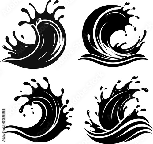 Four stylized black water wave illustrations set  vector, silhouette, illustration, horizontal, isolated assets, on transparent background