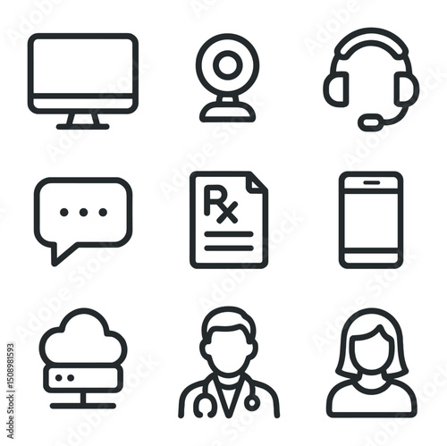 Telemedicine Icon Set. Outline icon set of telemedicine consultation: computer monitor, webcam, headset with mic, chat bubble,