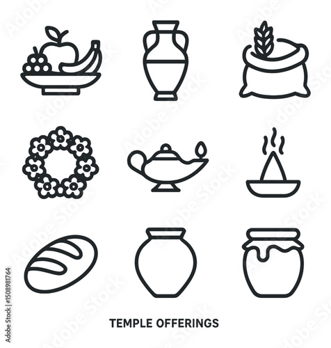 Temple Offering Icons. Outline icon set of temple offerings: fruit platter, wine amphora, grain sack, flower wreath, oil lamp,