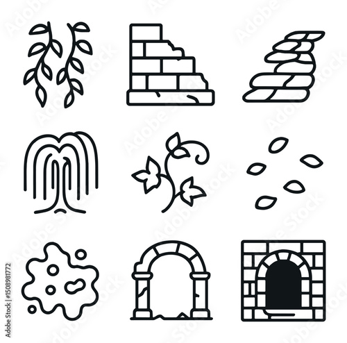 Temple Icon Set. Outline icon set of temple surroundings: overgrown vines, crumbling wall, stone pathway, weeping willow, ivy