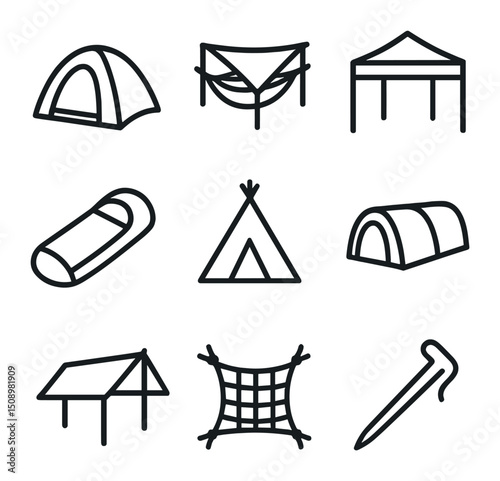 Outline Tent Icons. Outline icon set of tent types and shelter: dome tent, hammock with tarp, bivy sack, canopy shelter, teepee,